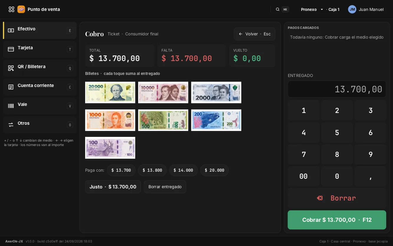 Cobro en AxerOK: efectivo con billetes, tarjeta, QR o cuenta corriente