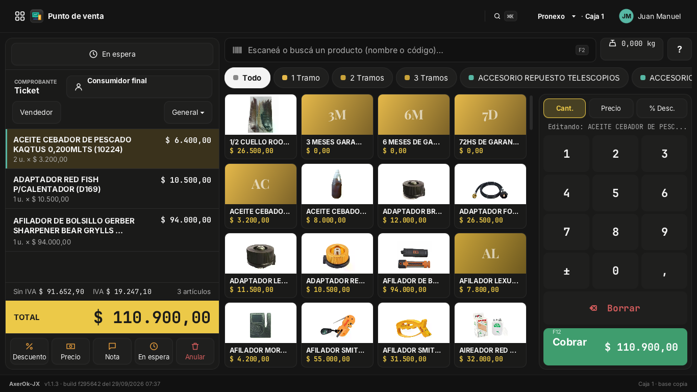 El punto de venta en modo JX, con la grilla de productos