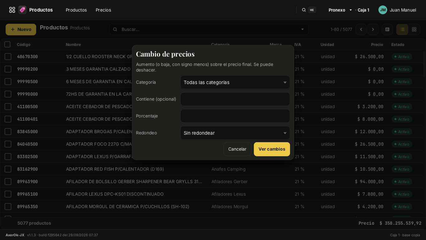 Aumento de precios por porcentaje
